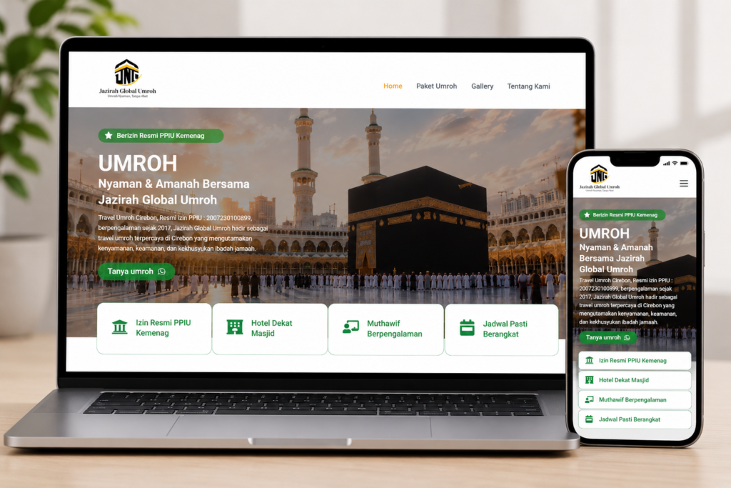 Portofolio : Website Umroh jazirahglobalumroh.com 1 mocup device jazirahglobalumrohcom