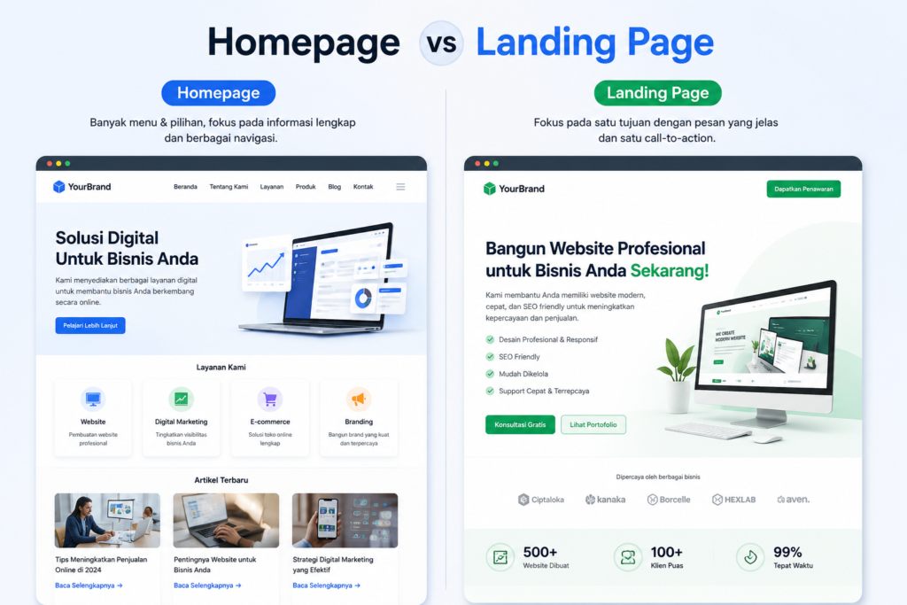 Landing Page: Manfaat & Tujuan untuk Bisnis Online 2 Home page vs landingpage