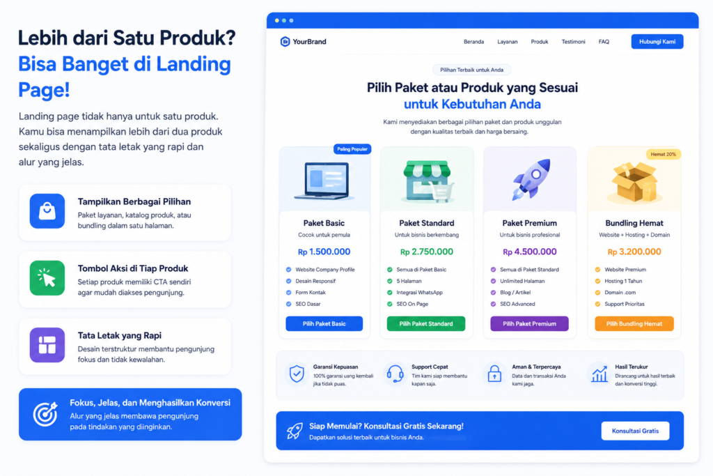 Landing Page: Manfaat & Tujuan untuk Bisnis Online 4 landingpage dengan pilihan produk