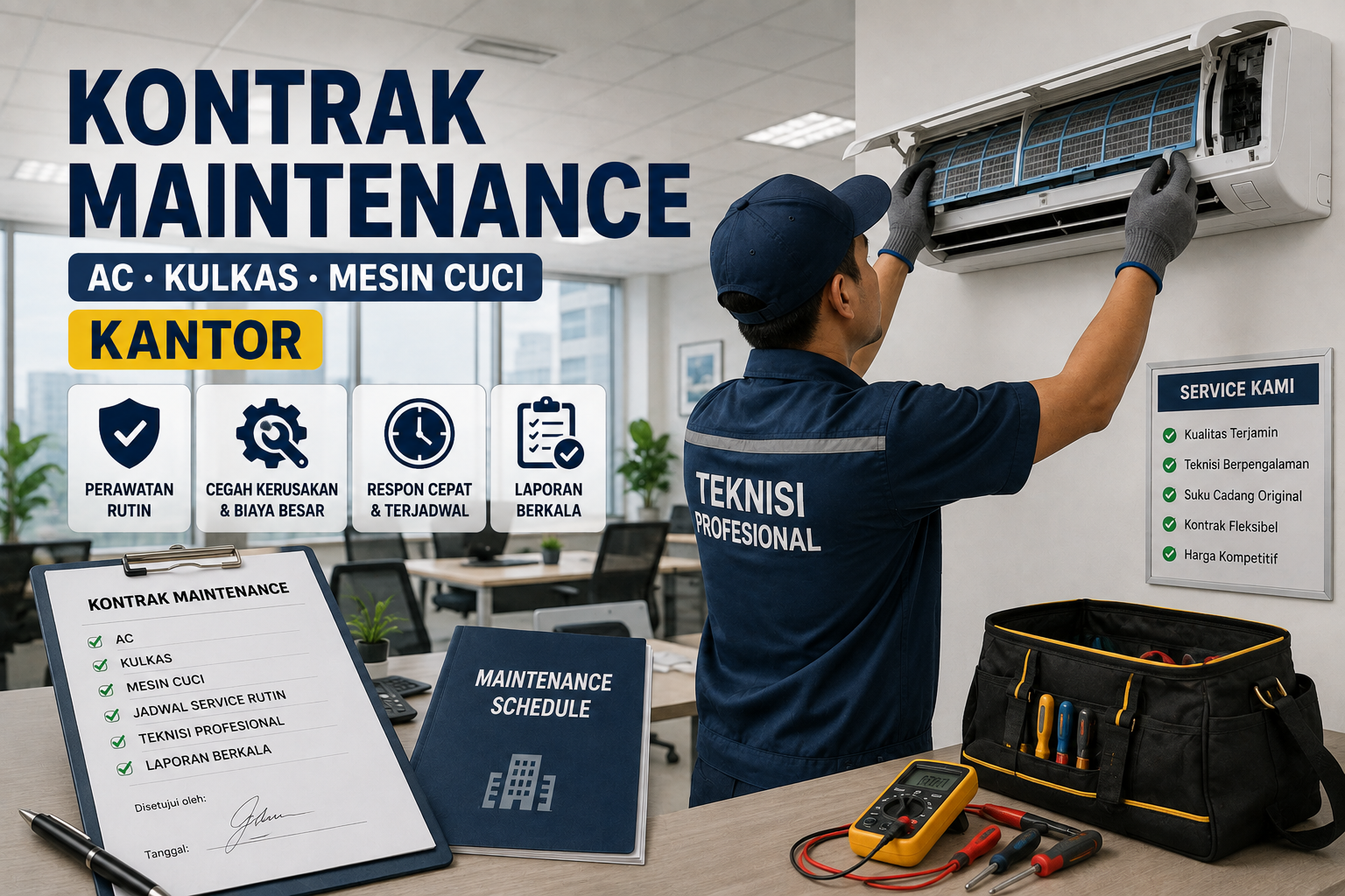Contoh Landing Page Service AC, Kulkas & Mesin Cuci — Teknisi Datang Hari Ini 7 Kontrak maintenance kantor