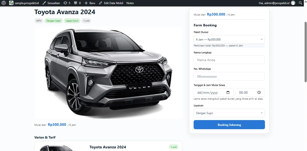 Form Booking Online RentCar Pro