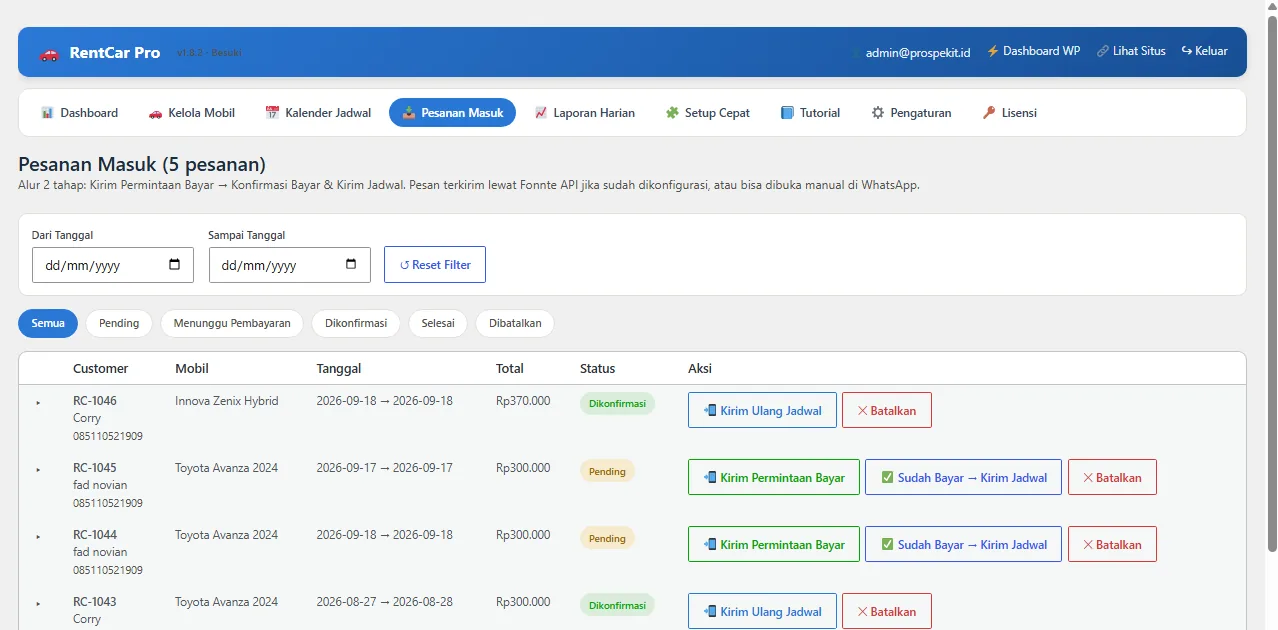 Pesanan Masuk RentCar Pro
